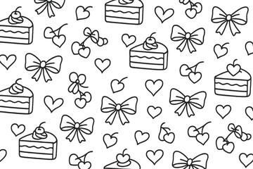 Fototapeta premium Pattern of cakes, cherries, and bows in a playful black and white design for festive celebrations and events