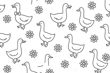 Cute cartoon ducks and flowers pattern suitable for coloring or design projects featuring a playful arrangement