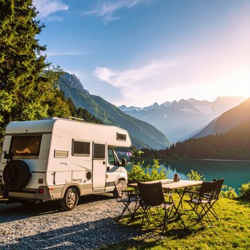 Scenic mountain campsite with campervan outdoor table chairs and lake view