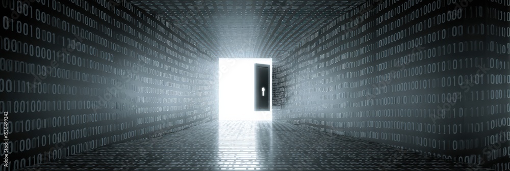 Poster locked safe hovers above a binary tunnel in a surreal digital landscape