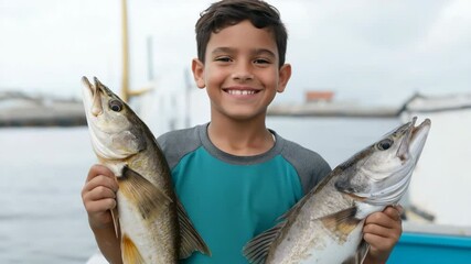 A young boy is holding two fish in his hands, smiling. Concept of joy and accomplishment, as the boy has successfully caught the fish