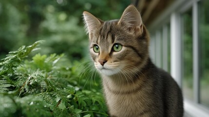 Obraz premium Charming Cat Gazing Out the Window: A Glimpse of Nature's Beauty Through Feline Eyes and Whiskers