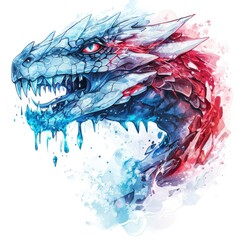 Dragon head with ice and fire elements combining contrasting colors on white background