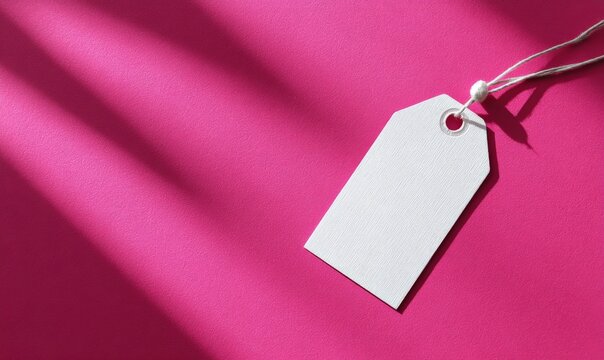A white blank price tag with a string lies on a bright pink background with light shadows.