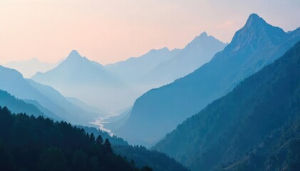 Misty mountain peaks shrouded in a smoky haze, creating an ethereal and mysterious landscape Perfect for travel, adventure, and nature themes , sunset, outdoor