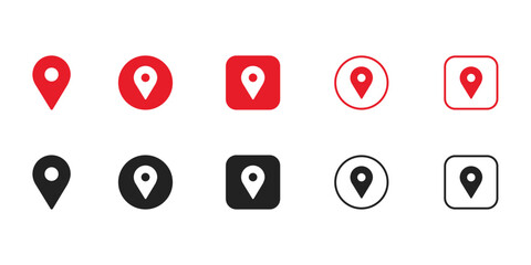 location pin icon set flat line outline red black vector