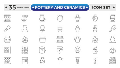 Pottery and Ceramics outline Icon. Clay Vessels, Vases, Jars, Traditional Craft, Ceramic Pots, Amphora, Bowls, Decorative Elements, Vintage Vessels, Greek Jars,. Editable stroke outline icon.