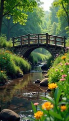 Fototapeta premium Rustic wooden creek bridge arching over a calm stream, surrounded by lush green foliage and wildflowers Perfect for idyllic nature, rural, and tranquil themed projects , rural, pathway