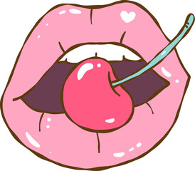 Glossy pink lips biting a cherry in bold kawaii hand-drawn style