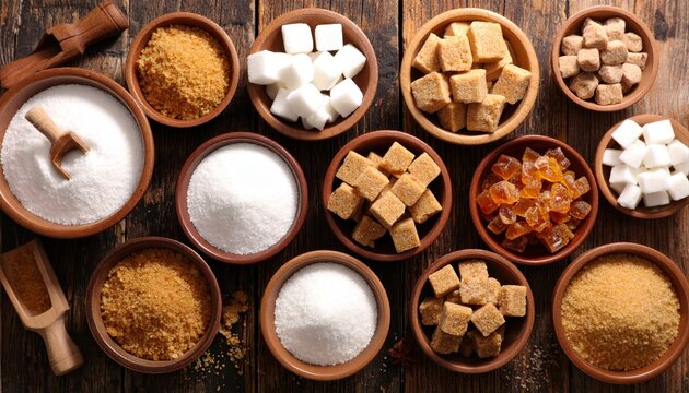 Assorted sugars and sweeteners in small wooden bowls with various textures and colors
