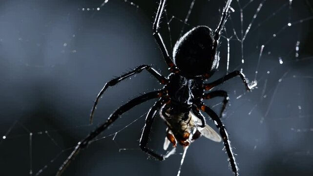Spider capturing prey on web