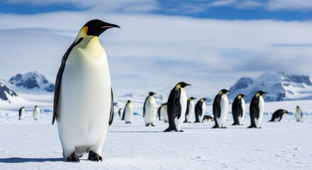 Fototapeta premium Emperor penguin antarctica snow wildlife arctic bird cold nature animal frozen landscape group