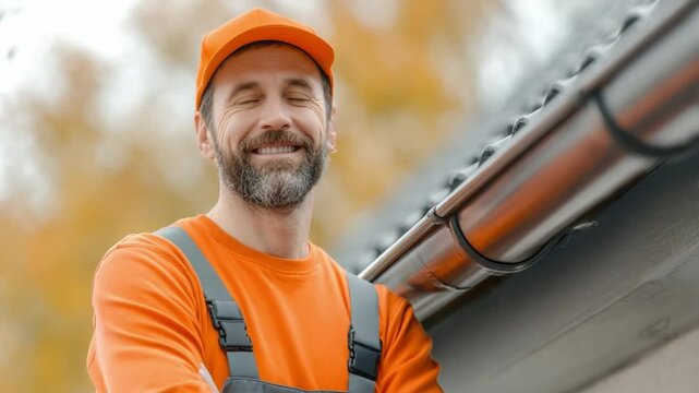 Roofing Expert: Portrait of a beaming man in orange overalls stands confidently near the house roof, epitomizing expertise and reliability.