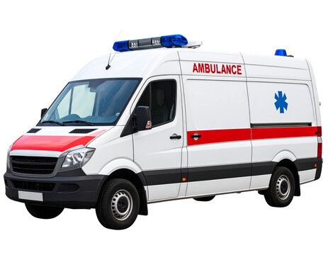 standard Emergency Ambulance with Red and White Markings, side view, isolated on a transparent background.