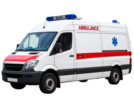standard Emergency Ambulance with Red and White Markings, side view, isolated on a transparent background.
