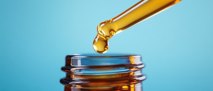 A dropper releasing oil from a glass bottle. - Powered by Adobe