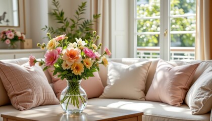 charming pastel living room with soft cushions, vase of mixed spring flowers, gentle sun through blinds, 4k
