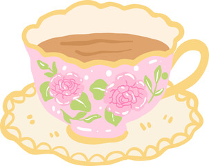 Vintage-style coffee cup with decorative details in pastel kawaii hand-drawn style