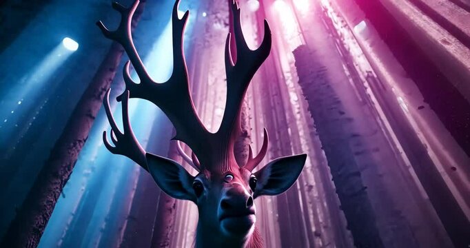 A majestic deer with large antlers stands in a mystical forest illuminated by colorful neon lights.
