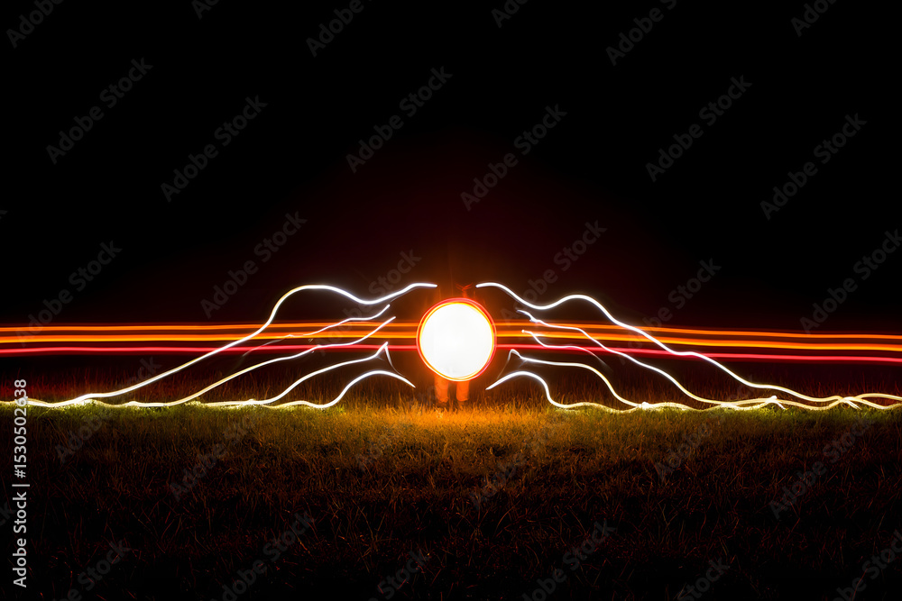 Poster a glowing orb surrounded by light trails in a dark setting creating a surreal and dynamic scene