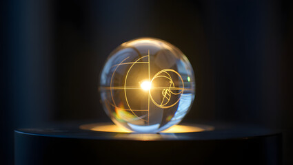 A crystal ball with golden spiral pattern on a dark surface illuminated from underneath the sphere