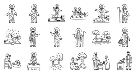 Line Art Illustrations of Jesus Christ Performing Miracles and Teachings