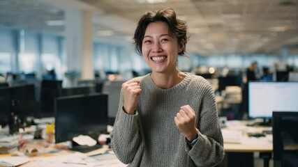 Joyful Triumph in the Office: Captivating a candid moment of pure elation, this image portrays a business individual beaming with radiant excitement.