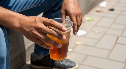Refreshing Iced Tea Beverage in Plastic Cup Held by Person Outdoors Refreshing Drink