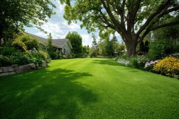 Naklejka premium Scenic Home Exterior with Lush Green Lawn, Flowers, Landscaping, and a Large Tree on a Sunny Day with a Cottage Style House