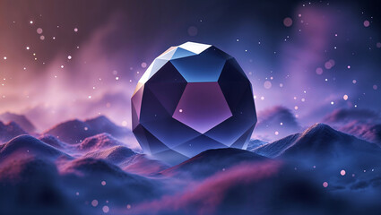 Fototapeta premium Abstract purple scene featuring a geometric crystal orb floating above a dreamy landscape