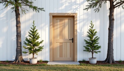 Fototapeta premium scandinavian white panel wall with pale oak door, pine trees around, soft light and 4k sharpness