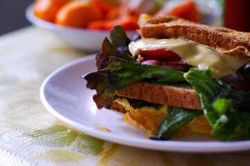Ham and cheese sandwich with salad, tomato and omelet.
