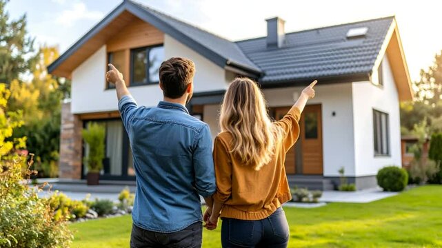 Couple viewing modern house exterior