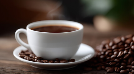 Fototapeta premium Steaming coffee cup placed on saucer among roasted beans, rustic wood texture and soft lighting creating a cozy and aromatic atmosphere for café culture and breakfast concepts, coffee cup, fresh brew,