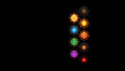 A vertical arrangement of glowing colorful flower shapes on a black background in the right corner