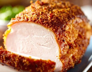 Fototapeta premium Crispy golden breaded baked chicken breast with tender juicy meat inside