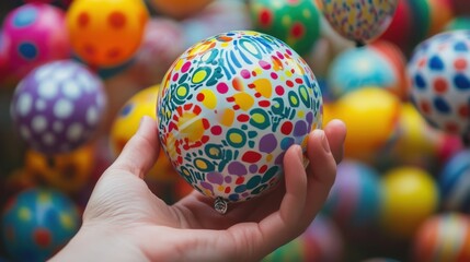 A hand delicately holding a colorful decorated sphere toy