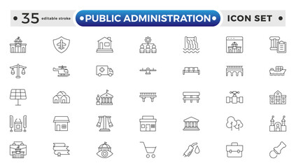Public Administration outline icons. Minimalist thin linear web icon set. Line icons related to public utilities. Gas, electricity, water, heating. Editable stroke outline icon.
