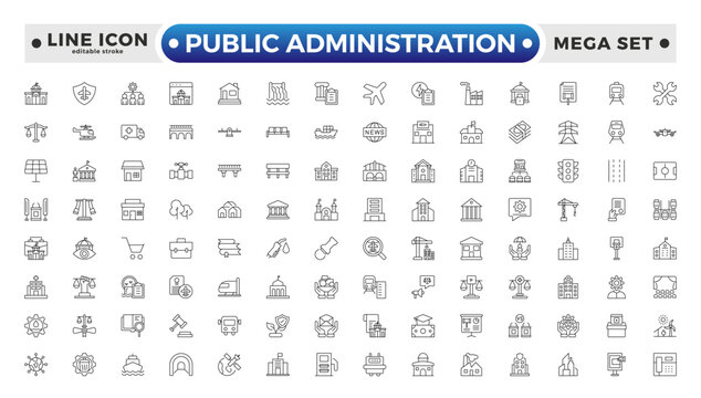 Public Administration outline icons. Minimalist thin linear web icon set. Line icons related to public utilities. Gas, electricity, water, heating. Editable stroke outline icon.
