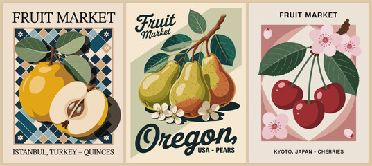 Set of retro Fruit Market posters featuring quinces from Istanbul, cherries from Kyoto, and pears from Oregon. Vintage-style produce art with travel and mid-century modern flair.