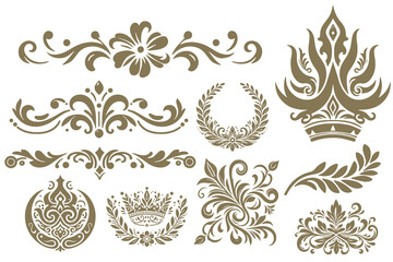 baroque style ornamental swirl elements and floral decorations set
