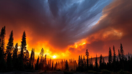A striking image capturing the intensity of a forest fire, with towering flames consuming trees and billowing smoke filling the sky.