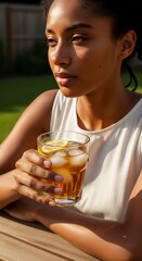 Refreshing iced tea with lemon: a young woman enjoying summer outdoors on patio