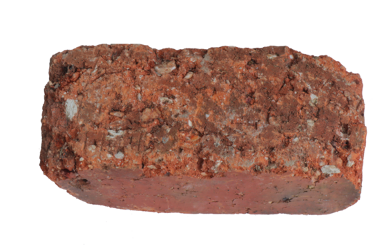 A rectangular terracottacolored brick with a rough uneven surface and small white inclusions