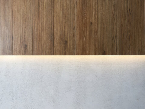 Modern Wall Design with Wood and Concrete Elements and Ambient Lighting