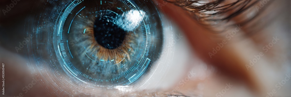 Aufkleber close view of a human pupil showcasing biometric id with high-tech ring animation and empty top marg
