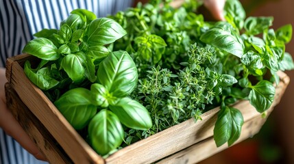 Naklejka premium Fresh herbs in a wooden crate for cooking.