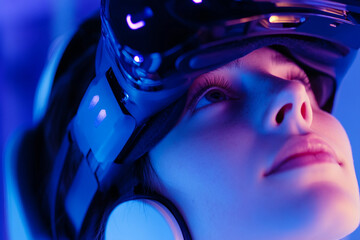 Young man using advanced VR glasses in immersive high tech environment, future experience, generative ai