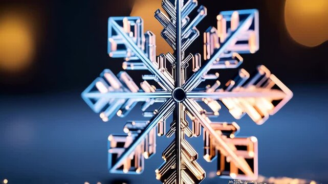 Abstract symmetrical snowflake design with a metallic glow, set against a blurred, dark background and a layer of snow-like particles.