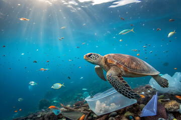 Plastic waste and trash on ocean and seashore showing marine pollution and environmental damage. A common issue affecting oceans and marine ecosystems worldwide.